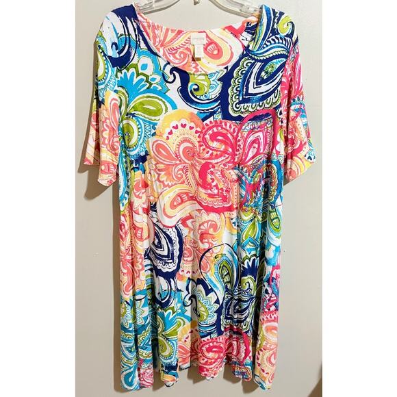 Chico's Bright Colors Paisley Print Short Sleeve Shift Dress Petite Size 16 (3) - Picture 1 of 9
